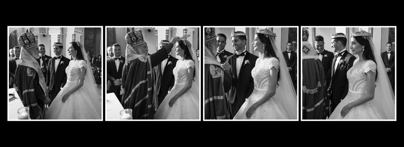 Black-and-white fine-art wedding album spread showing an outdoor ceremony