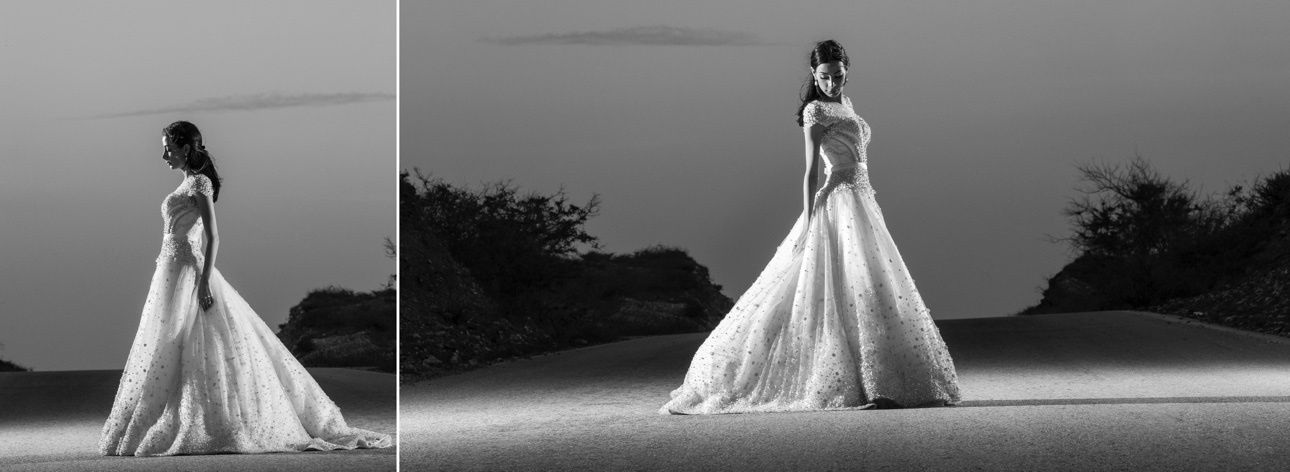 Black-and-white fine-art wedding album spread featuring a bride at night