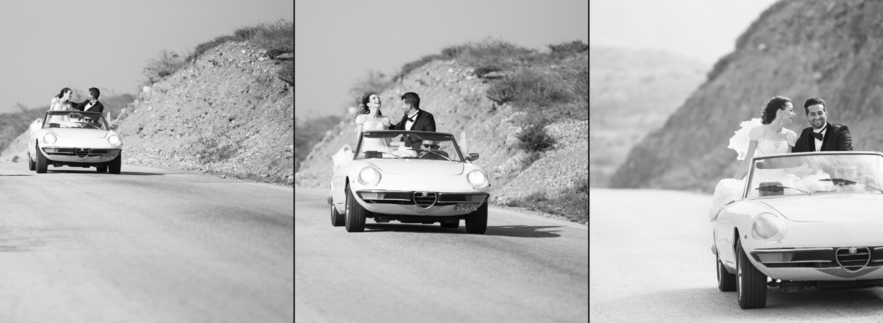 Black-and-white fine-art wedding album spread featuring a convertible on the open road
