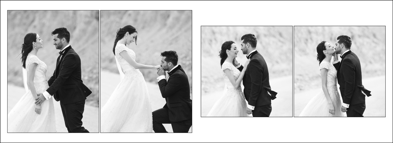 Black-and-white fine-art wedding album spread with a couple in a desert landscape