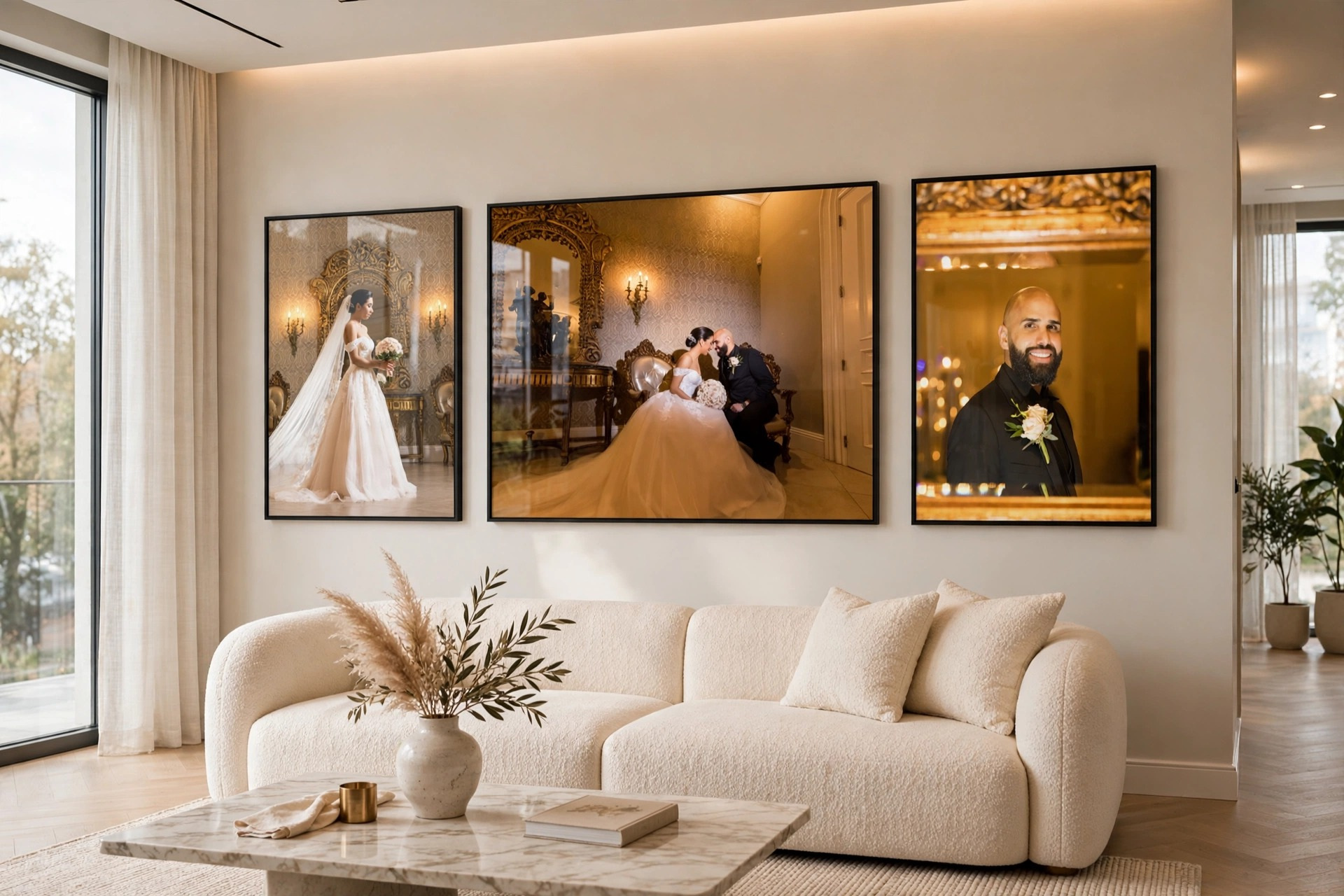 Framed wedding portraits displayed as fine wall art in a luxury living room