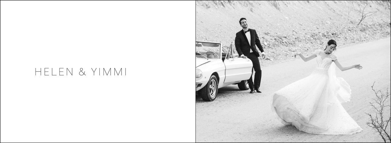 Black-and-white fine-art wedding album spread featuring Helen and Yimmi with a classic convertible